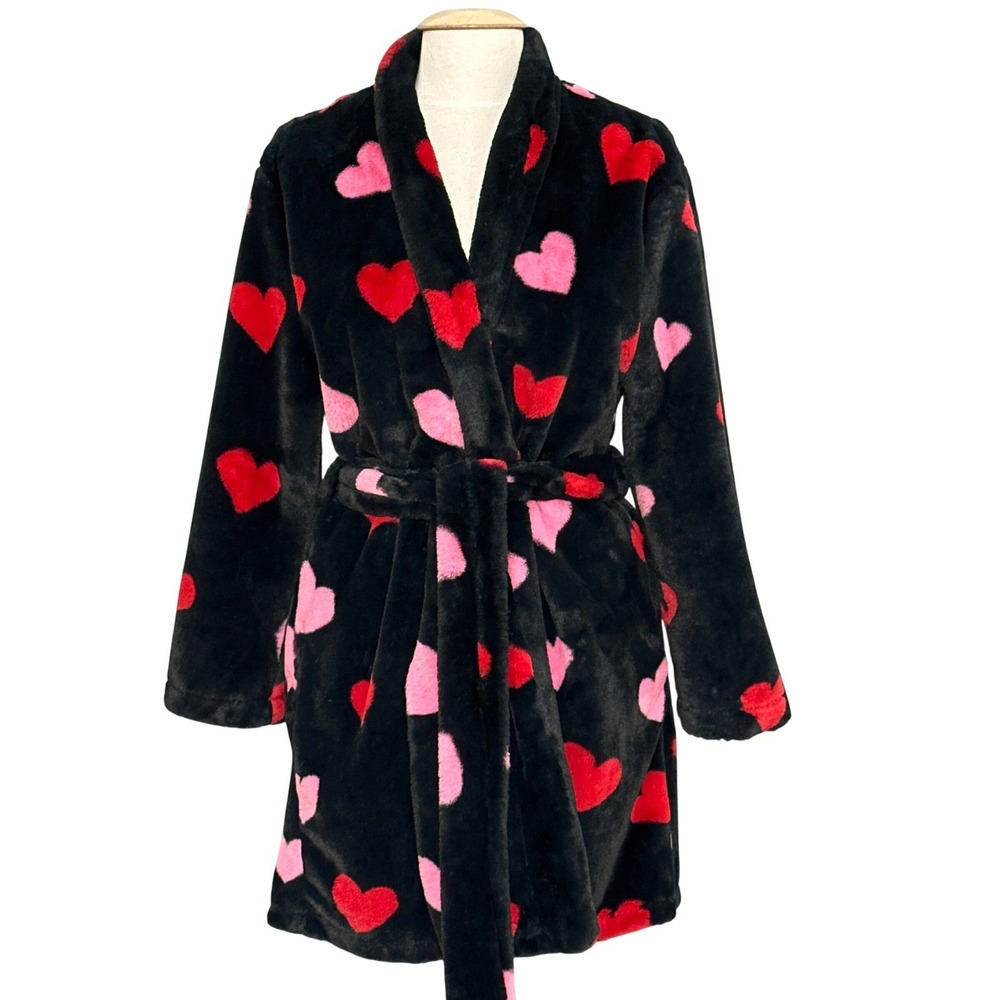 Kate Spade Womens Bathrobe M Black Plush Hearts Wrap Tie Girly Soft Loungewear